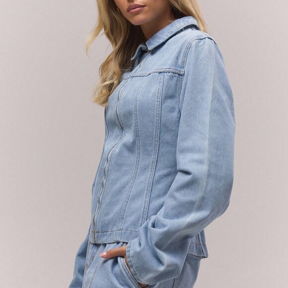 Baby Blue Women's Washed Bleached Denim Panelled Zip Down Collared Jacket Co-Ord - Picture 2 of 5